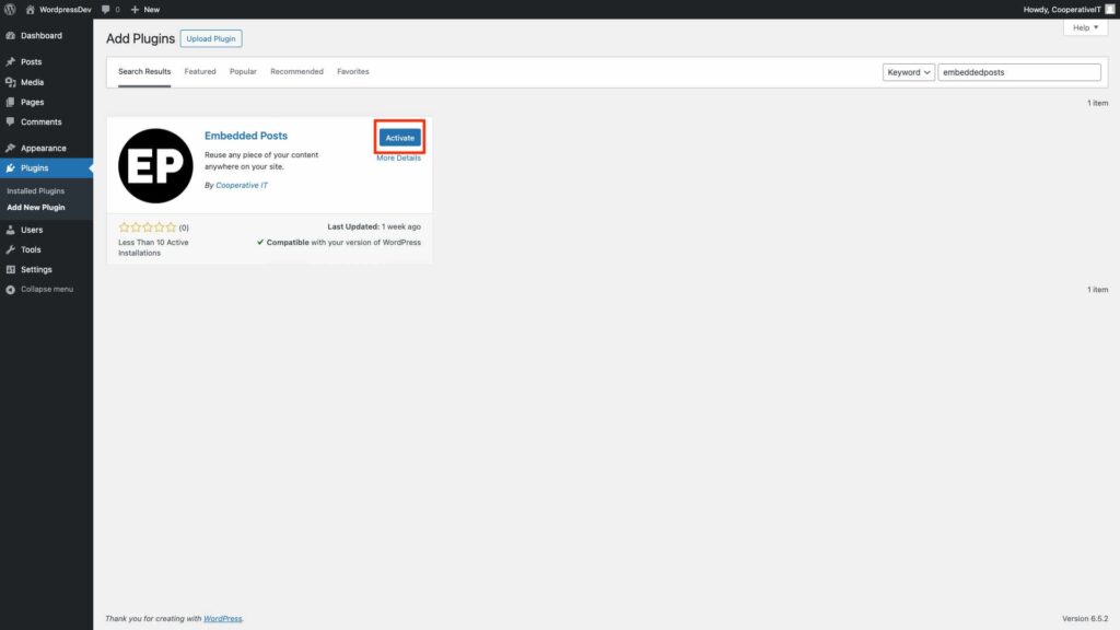 screenshot of WordPress dashboard highlighting Embedded Posts Activate Plugin button