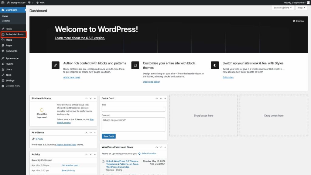 screenshot of WordPress dashboard highlighting Embedded Posts In Main Menu