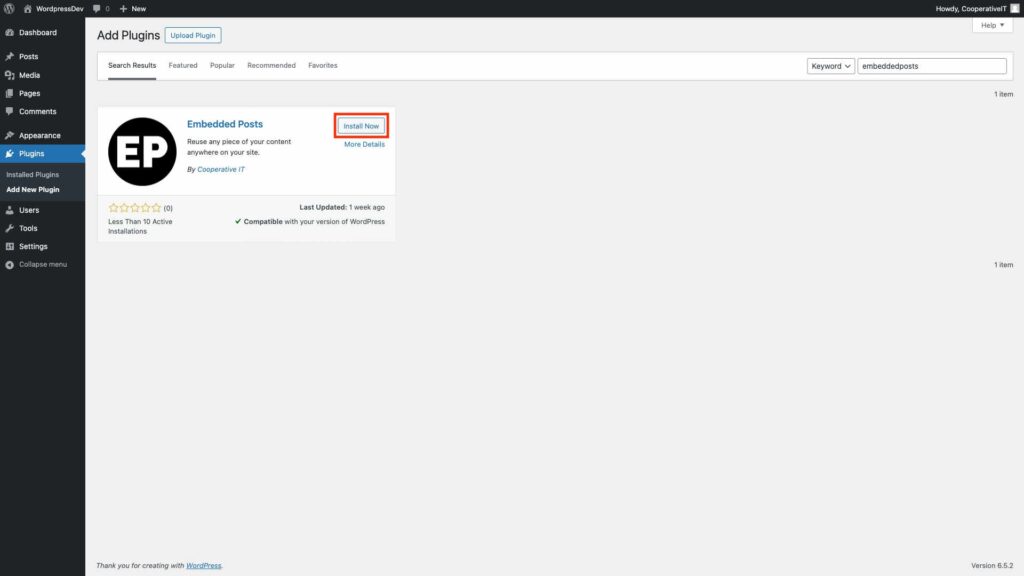 screenshot of WordPress dashboard highlighting Embedded Posts Plugin Install Now Button