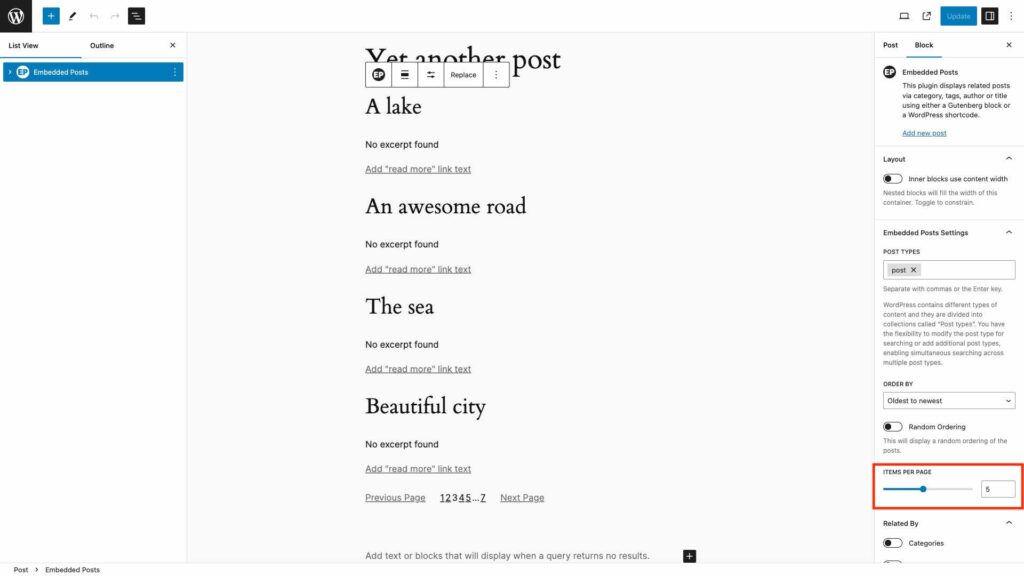 screenshot of WordPress dashboard highlighting Embedded Posts Items PER PAGE setting