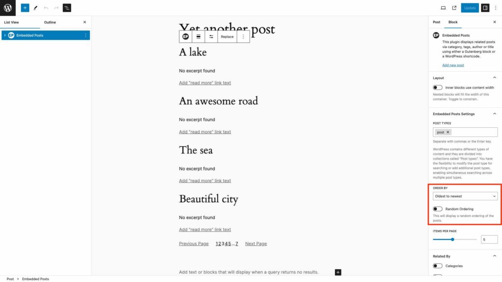 screenshot of WordPress dashboard highlighting Embedded Posts Order by Settings