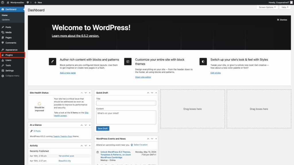 screenshot of WordPress dashboard highlighting Plugins in main menu