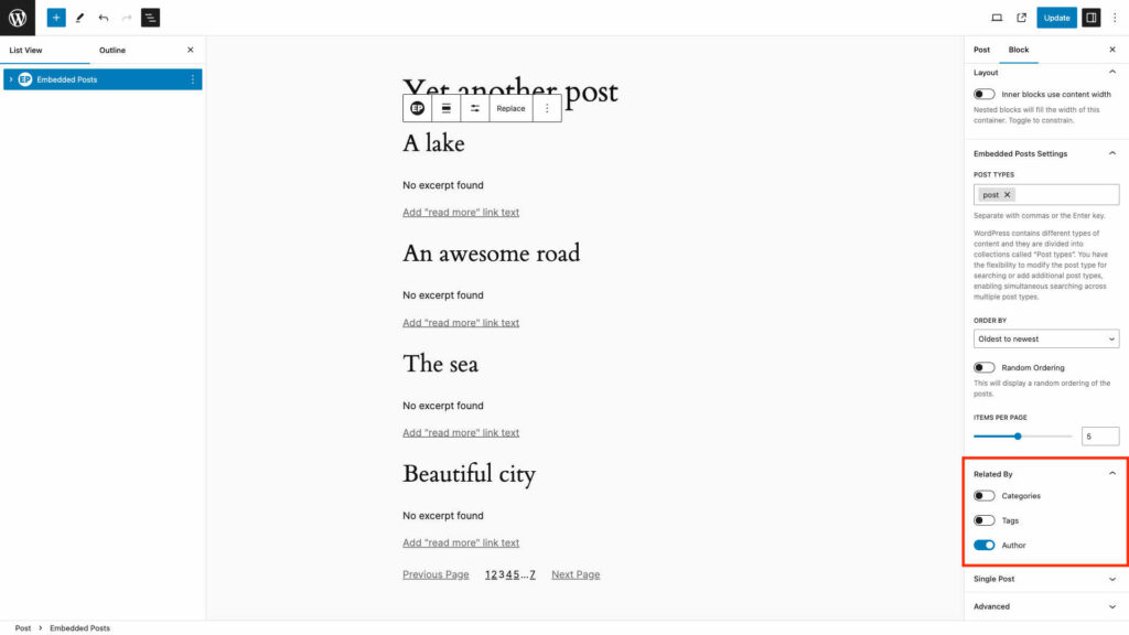 screenshot of WordPress dashboard highlighting Embedded Posts Related By Author settings