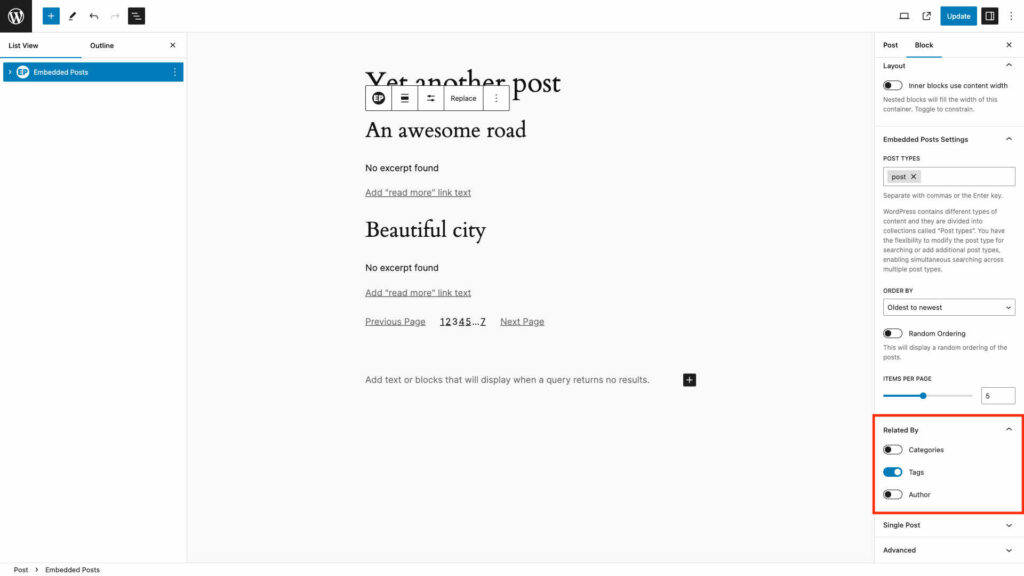 screenshot of WordPress dashboard highlighting Embedded Posts Related By Tags settings
