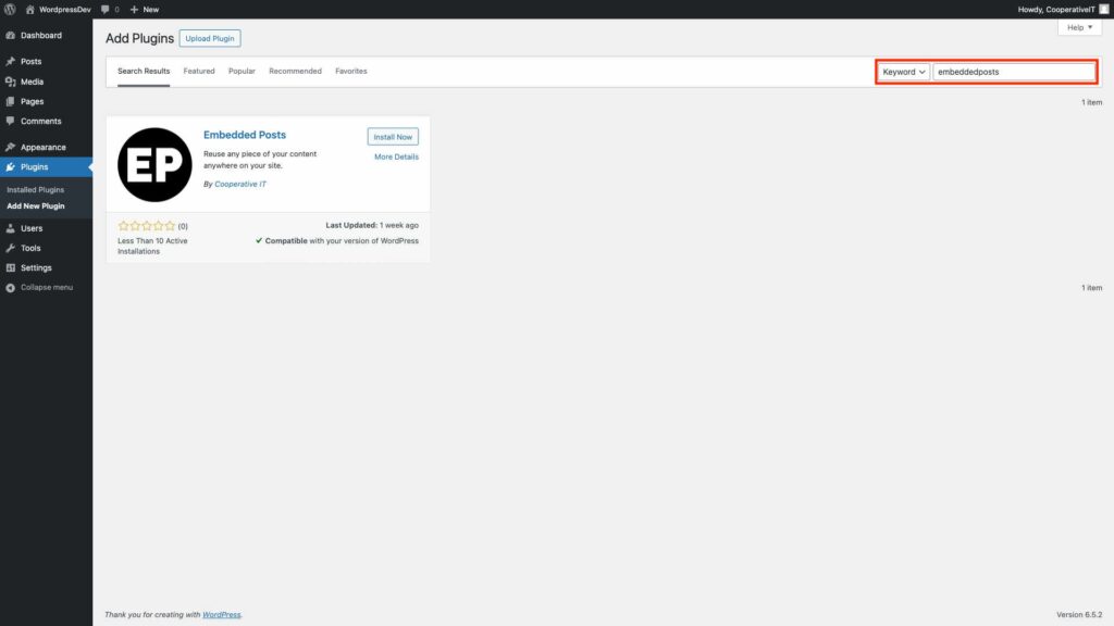 screenshot of WordPress dashboard highlighting embeddedposts in Search for Plugins