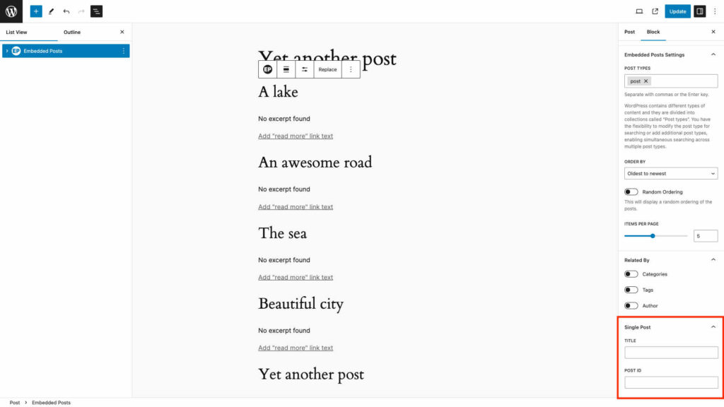 screenshot of WordPress dashboard highlighting Embedded Posts Single Post settings