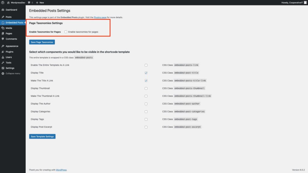 screenshot of WordPress dashboard highlighting Embedded Posts Settings Page Taxonomies Settings enabled